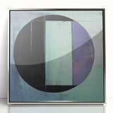 Abstract geometric art piece in a sleek silver frame, showcasing dynamic shapes and vibrant colors, ideal for modern home decor. Perfect for adding a contemporary touch to any space.