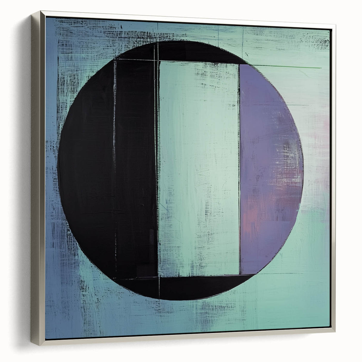 Framed abstract geometric canvas art with silver accents, showcasing a modern design that adds elegance to contemporary interiors, viewed from the side.