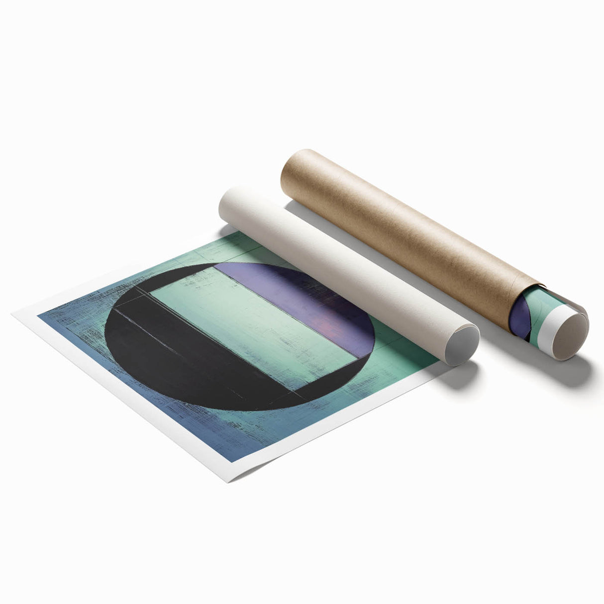 Abstract geometric rolled print showcasing vibrant colors and intricate patterns, elegantly packaged in a protective cardboard tube for easy display and storage. Perfect for modern home decor enthusiasts seeking unique wall art.