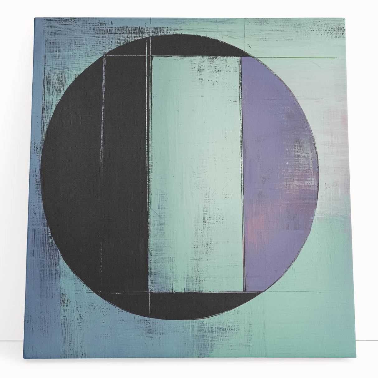 Abstract geometric canvas art with vibrant blue, orange, and yellow tones, leaning against a neutral wall, perfect for modern home decor and artistic ambiance.