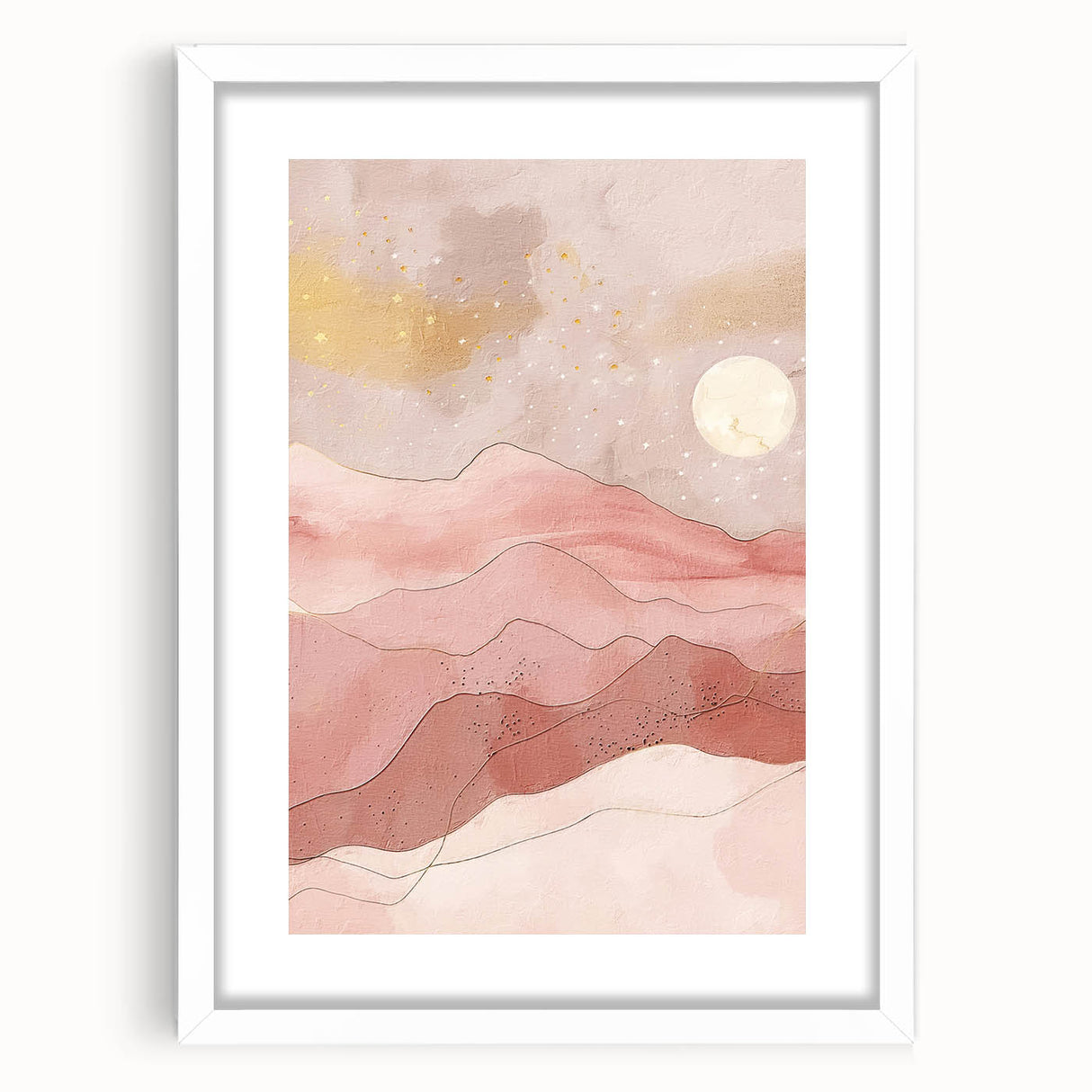 Abstract landscape wall art featuring soft earth tones and geometric shapes, presented in a white frame with a mat, ideal for modern home decor.