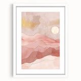 Abstract landscape wall art featuring soft earth tones and geometric shapes, presented in a white frame with a mat, ideal for modern home decor.