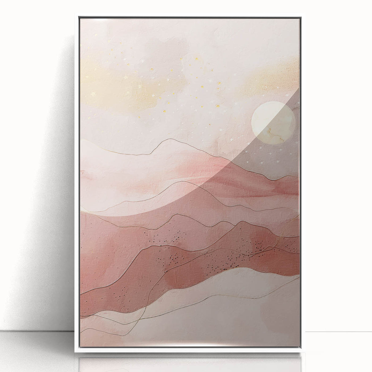 Framed acrylic wall art depicting an abstract landscape with soft pastel colors, featuring a white frame that enhances its modern aesthetic, ideal for home decor.