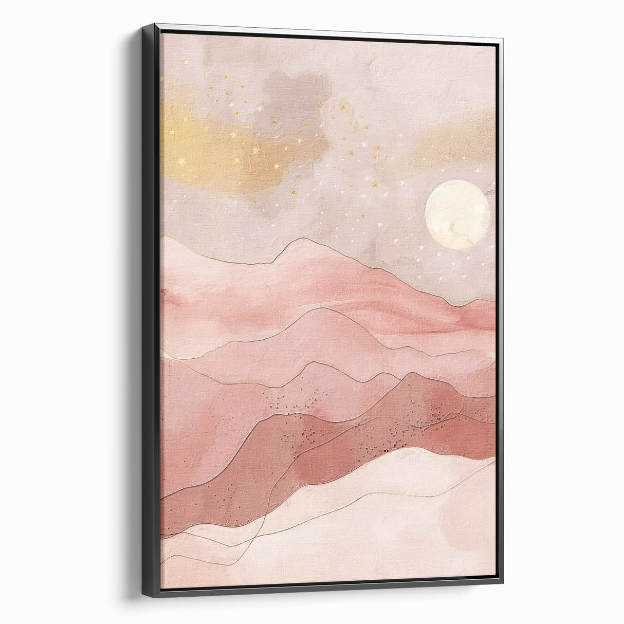 Framed canvas wall art showcasing an abstract landscape in vibrant hues of blue and green, with a sleek black frame offering a modern touch, ideal for contemporary home decor.