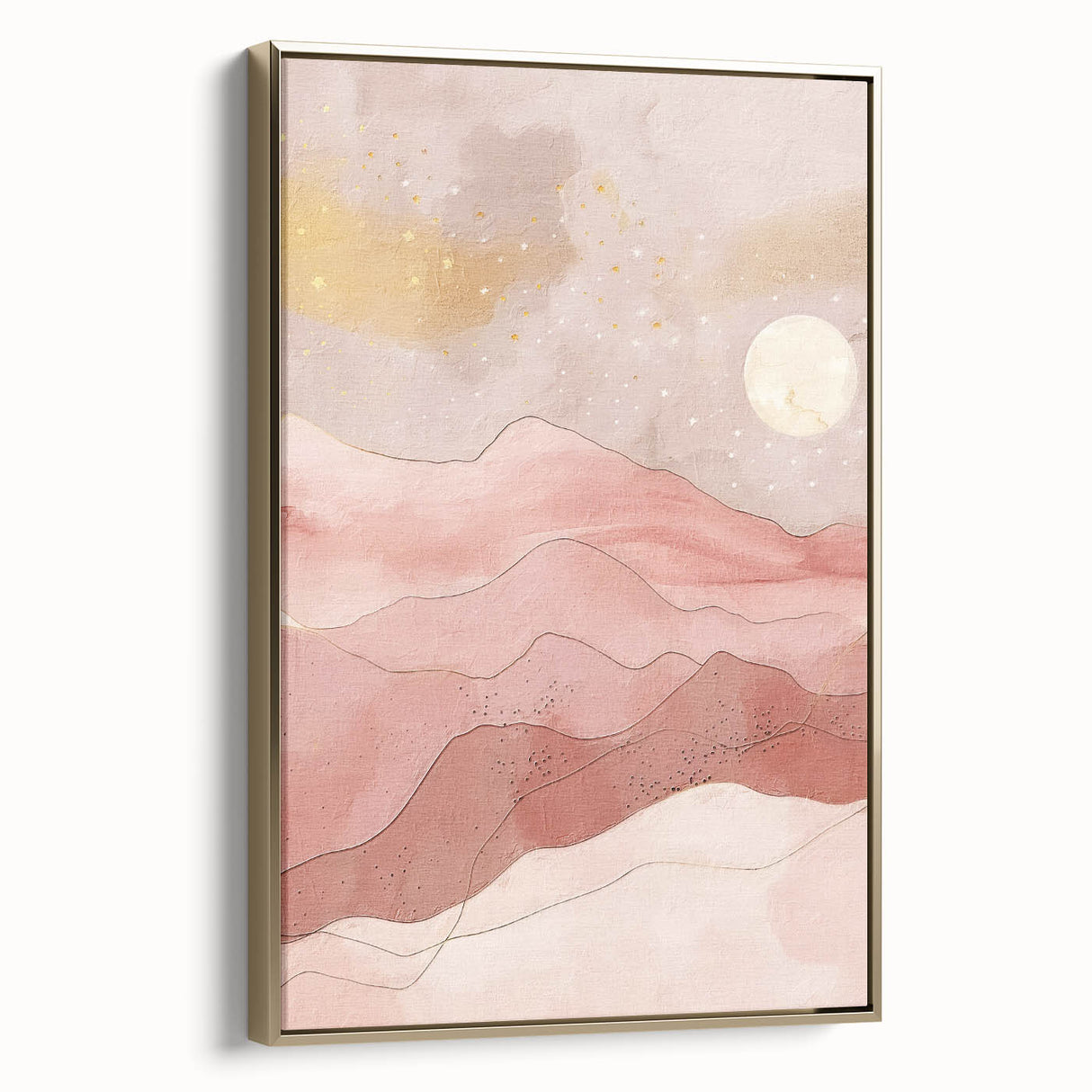 Framed canvas wall art showcasing an abstract landscape design with gold accents, elegantly displayed from a side view against a neutral background. Perfect for modern home decor.