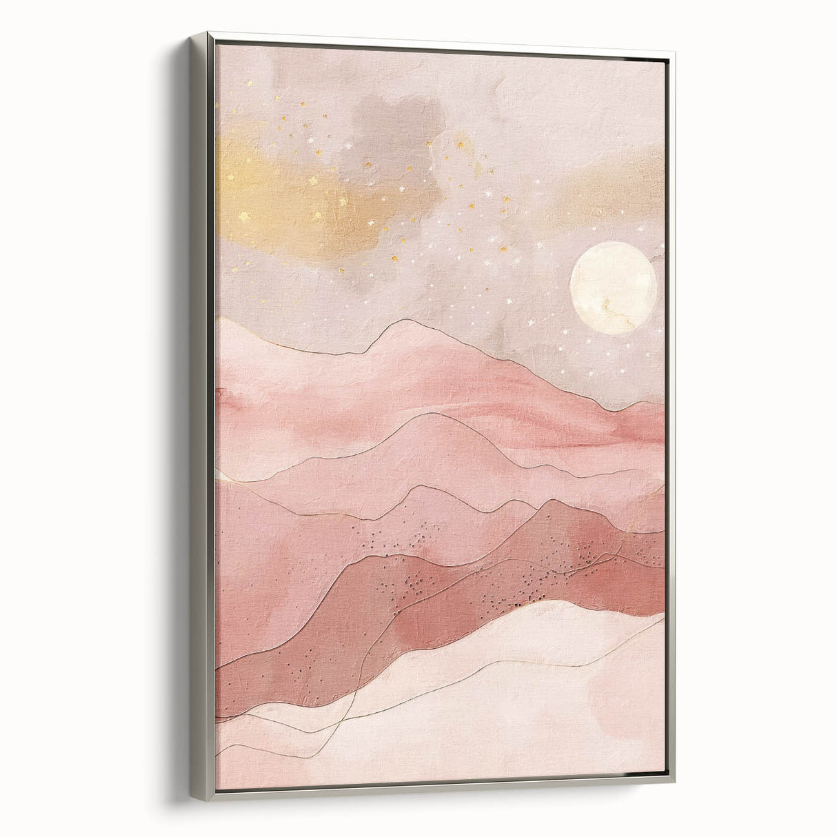 Framed canvas art showcasing an abstract landscape design with vibrant colors and a sleek silver frame, ideal for modern home decor.