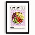 Extra large abstract art print of colorful, textured food dishes on a black framed canvas, ideal for living room decor.