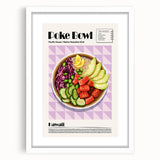 Abstract art print featuring an array of colorful food dishes, in a white frame with mat, ideal for dining room decor.