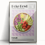 Mid-century modernist art featuring an array of stylized food dishes in muted earth tones, framed in silver acrylic.