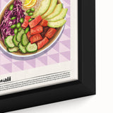 Black wall art featuring a close-up of colorful, textured food dishes on a framed canvas, ideal for living room decor.