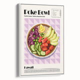 Vintage poster art of various colorful food dishes on a white framed canvas, suited for extra large living room wall.