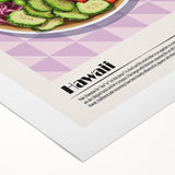 Art deco poster featuring an array of colorful food dishes on rolled canvas, suitable for dining room wall art.