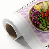 Art deco poster featuring assorted food dishes in muted colors on rolled canvas, suitable for dining room wall art.