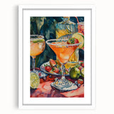 Abstract art print featuring swirling blue and green patterns, framed in white, suitable for dining room decor.