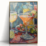 Large art print of a mid-century modernist food and drinks design in gold tones on acrylic.