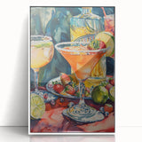 Art deco poster of various food and drinks in muted pastel shades, framed in white acrylic, ideal for nursery wall art.
