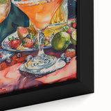 Close-up of black wall art featuring colorful, textured food and drink motifs on a framed canvas.