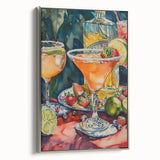 Landscape art painting of a vintage food and drinks poster in vibrant colors on a black background, framed in silver.