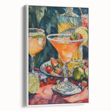 Vintage poster art of colorful cocktails on a black background, framed canvas, ideal for living room decor.