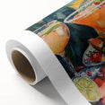 Art deco poster of assorted fruits in vibrant colors on rolled canvas, ideal for nursery wall art or dining room decor.