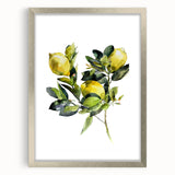 Textured art of abstract fruit designs in muted earth tones, framed in silver, ideal for kitchen wall decor.