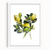 Abstract art print featuring assorted fruits in vibrant colors on a white framed mat, suitable for dining room decor.