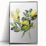 Mid-century modernist art featuring an array of colorful fruits on a silver-framed acrylic print.