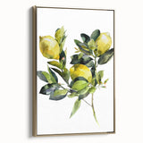 Framed canvas featuring a vintage poster of assorted fruits in gold and black, ideal for bedroom wall art.