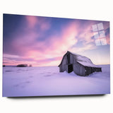 Acrylic glass artwork showcasing a vibrant landscape of a rustic barn, presented in a side view without pins, ideal for home decor and art enthusiasts.