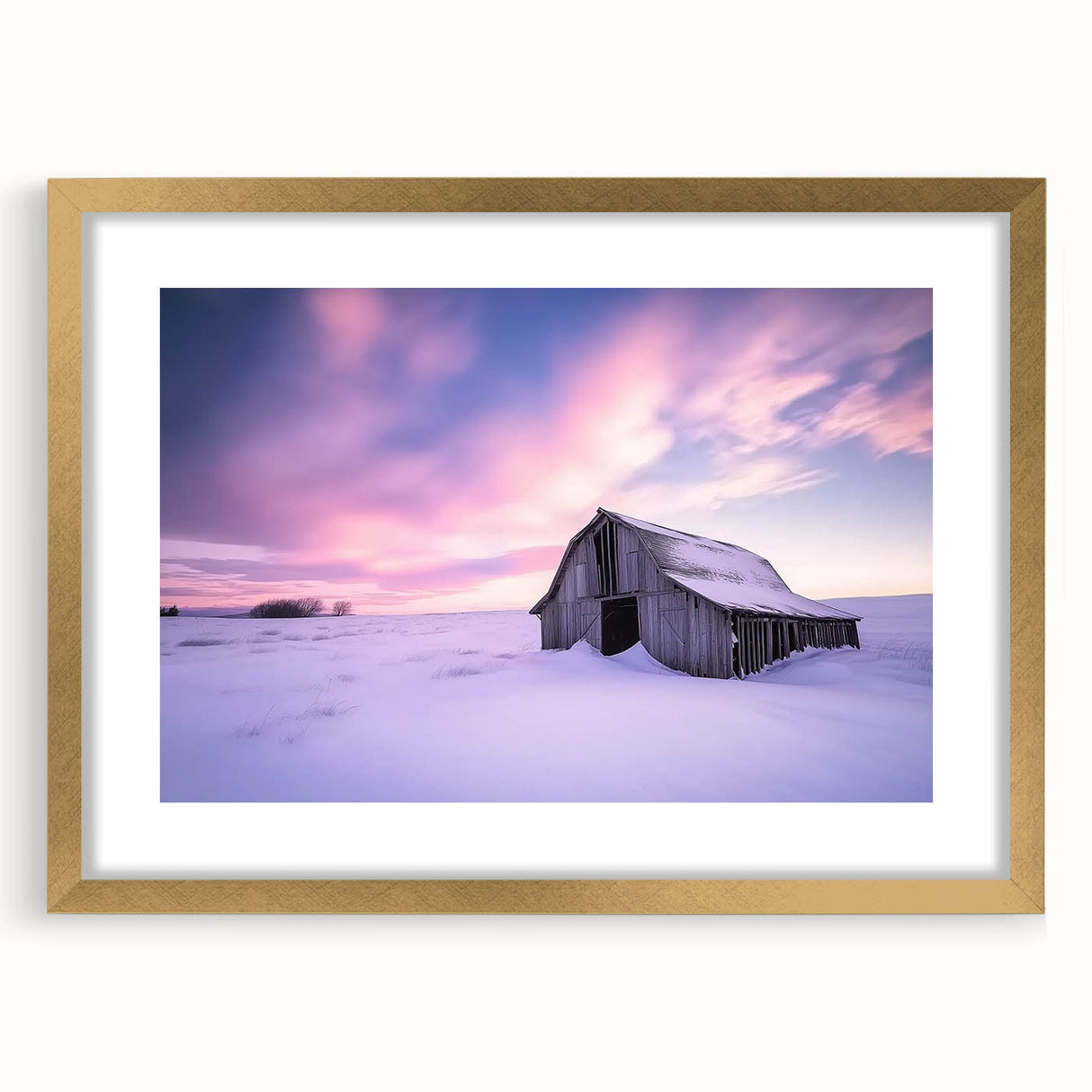 Landscape barn frame with a gold mat showcasing a stunning artwork, featuring a rustic design and elegant finish, perfect for enhancing home decor.