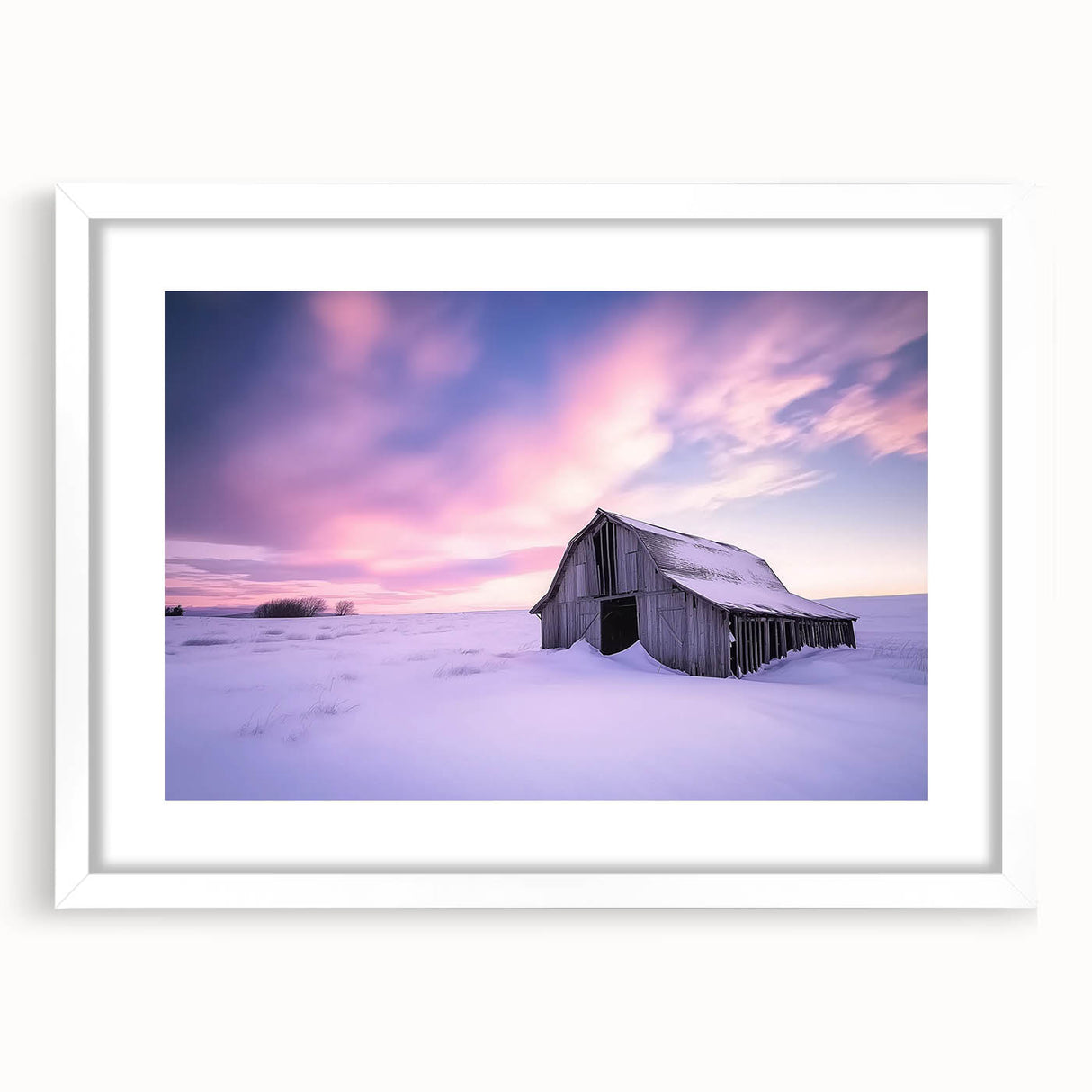 Barn frame landscape art print featuring a white mat, showcasing a serene rural scene with vibrant colors, perfect for home decor or office enhancement.
