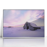 Elegant barn-themed landscape artwork displayed in a white framed acrylic setting, showcasing vibrant colors and intricate details, perfect for home decor.