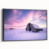 Framed landscape canvas artwork depicting a serene barn scene, showcasing rich textures and warm colors, displayed with a black frame on a neutral background.