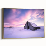 Landscape barn-framed canvas art in gold tones, showcasing a serene countryside scene with vibrant colors and intricate details, perfect for home decor.