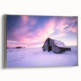 Framed landscape canvas print showcasing a rustic barn scene with silver accents, ideal for farmhouse decor. The side view highlights its elegant frame design.
