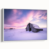 Landscape canvas art depicting a rustic barn framed in white, showcasing a serene countryside view. Ideal for home decor, adding a touch of charm and warmth.