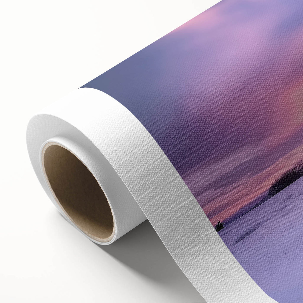 Rolled canvas print showcasing a vibrant landscape barn design, featuring rich colors and intricate details, securely packaged in a protective cardboard tube for easy transport.