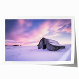 Landscape barn rolled print showcasing a rustic red barn surrounded by lush green fields under a bright blue sky, elegantly packaged in a protective cardboard tube.