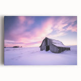 Stretched canvas artwork depicting a picturesque landscape with a traditional barn under a bright blue sky, showcasing vibrant colors and rustic charm. Ideal for home decor.