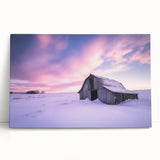 Stretched canvas artwork of a serene landscape featuring a rustic barn surrounded by vibrant trees, showcasing warm autumn colors and a tranquil rural setting. Perfect for home decor.