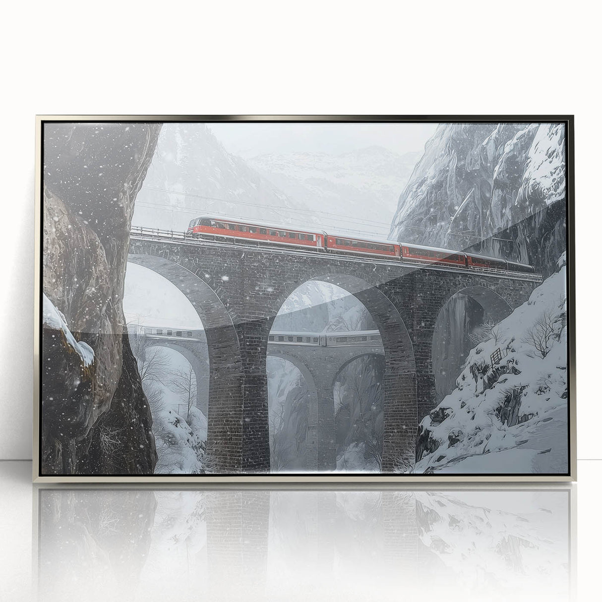 Framed acrylic artwork showcasing a modern landscape bridge design with silver accents, ideal for contemporary home decor, displayed against a neutral background.