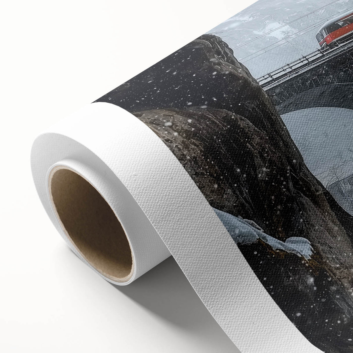 Rolled canvas artwork depicting a vibrant landscape bridge scene, showcasing intricate details and rich colors, elegantly packaged in a protective cardboard tube for safe shipping.