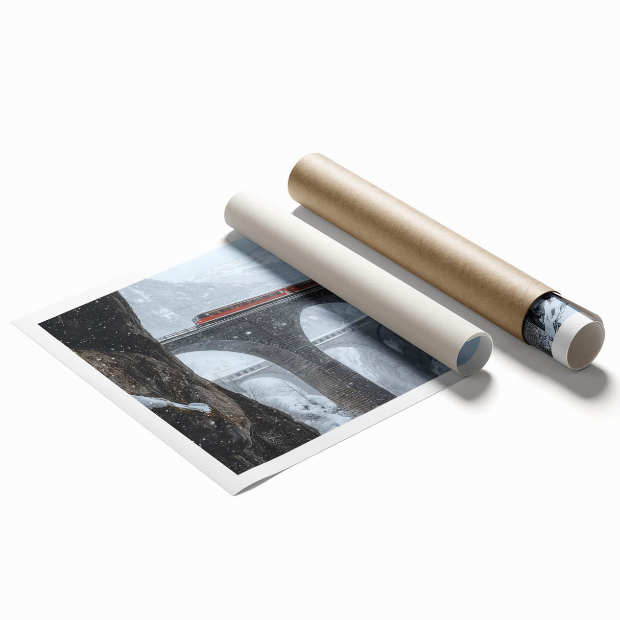 Landscape canvas print showcasing a scenic view of a bridge surrounded by lush greenery, elegantly rolled for easy storage and transport, perfect for home decor.