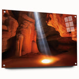 Landscape acrylic glass art piece showcasing vibrant canyons in rich hues of orange and blue, elegantly displayed with decorative pins, perfect for modern home decor.