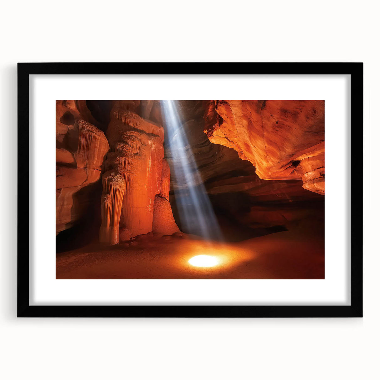 Landscape print featuring canyons framed with a black mat, showcasing earthy tones and textured details, perfect for home decor and nature enthusiasts.