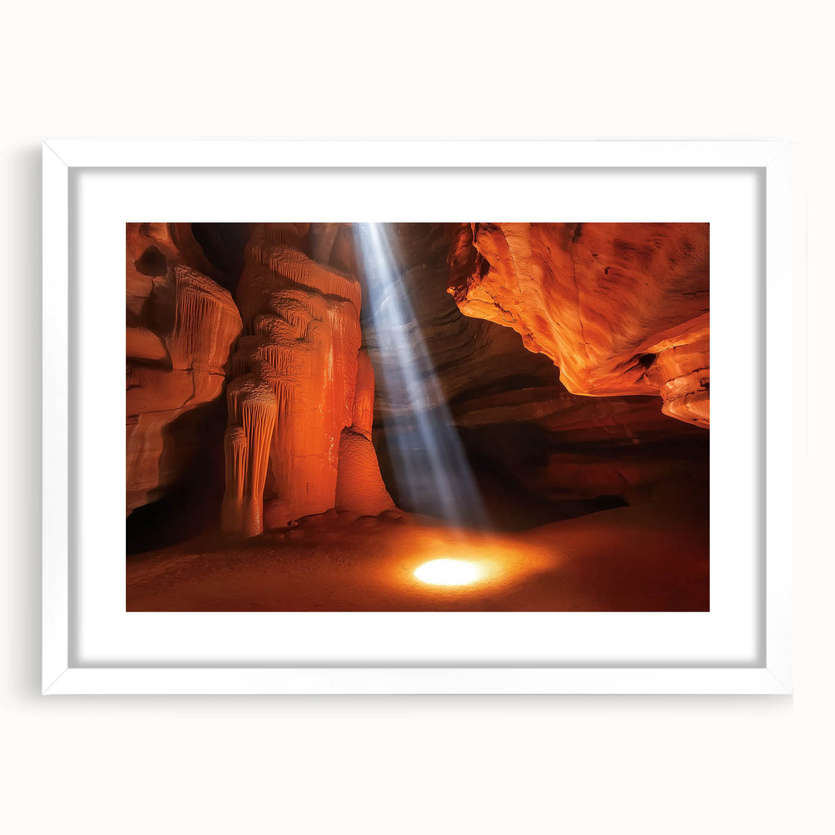 Framed landscape print showcasing vibrant canyons in warm earth tones, featuring a white mat and an elegant frame, perfect for modern home decor.