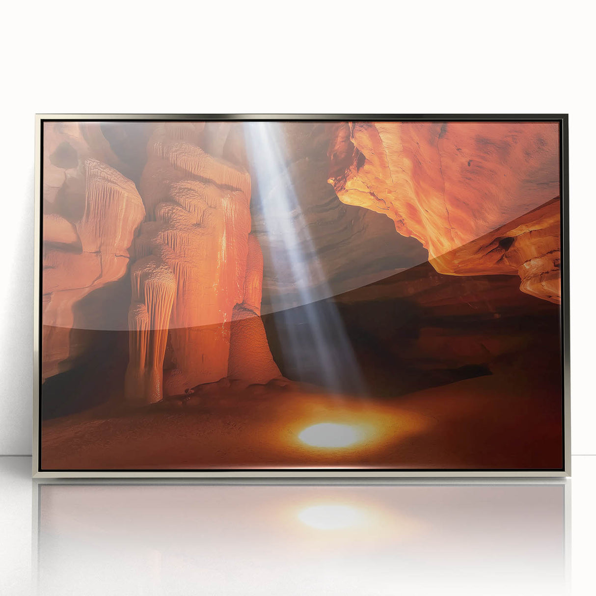 Framed acrylic wall art depicting a vibrant landscape of canyons in rich earthy tones, designed to enhance modern home decor with a sleek silver frame.