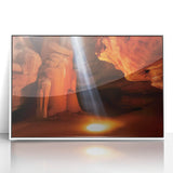 Framed acrylic artwork showcasing a stunning landscape of colorful canyons, featuring vibrant hues of orange, red, and blue, ideal for enhancing modern home decor.