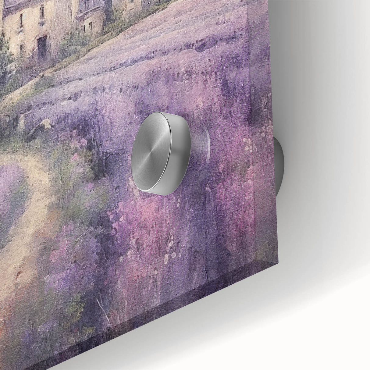 Close-up of a vibrant acrylic landscape wall art piece depicting a serene countryside scene, featuring lush green fields and a clear blue sky, perfect for home decor.