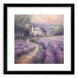 Framed landscape wall art depicting a serene countryside scene, featuring vibrant colors and a black mat, ideal for enhancing home decor.